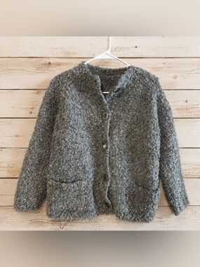 Handmade Gray Wool Blend Boucle Chunky Knit Cardigan Small